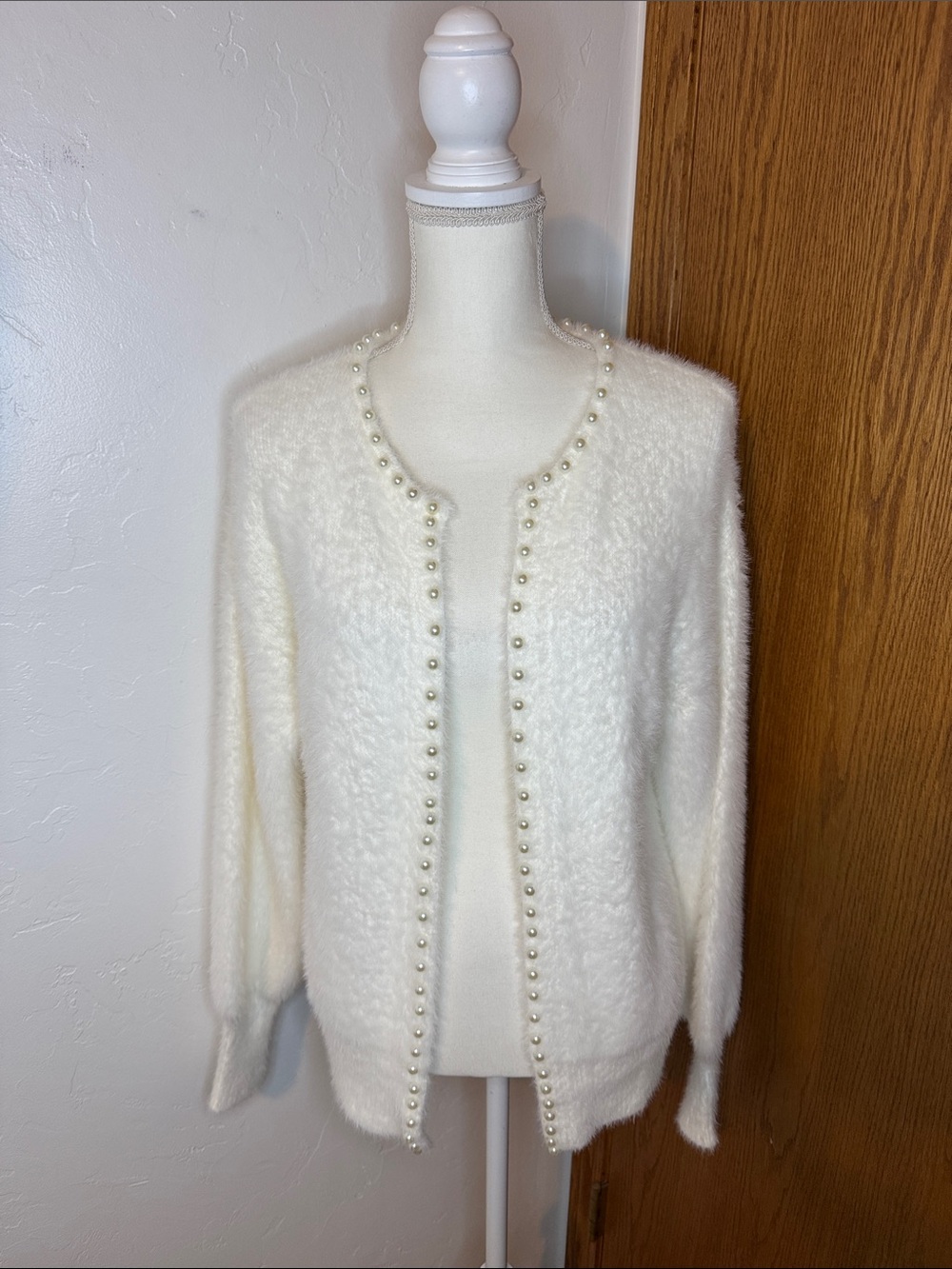 Chicwish ivory fuzzy open front cardigan w pearls M
